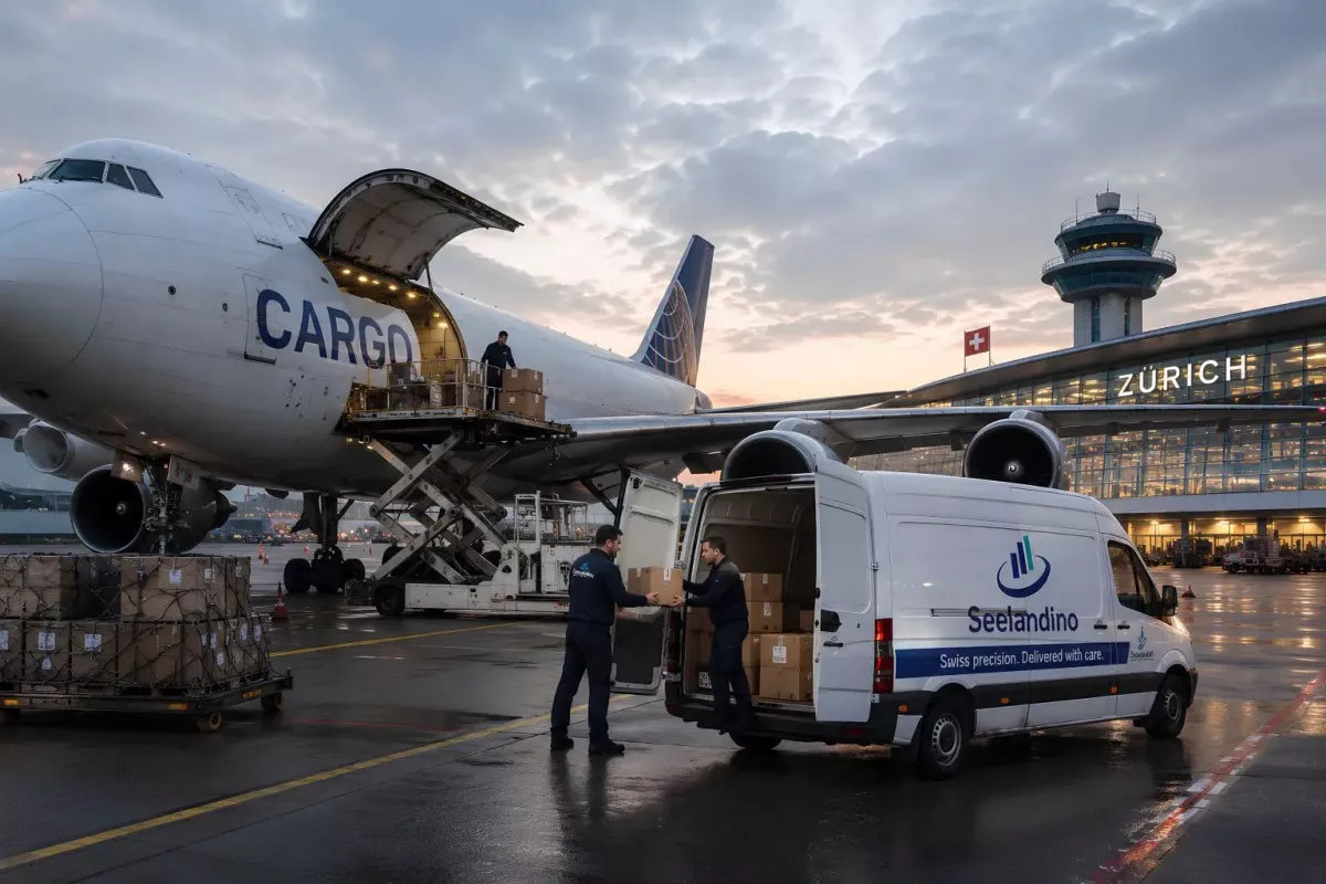 Express Kurier Seelandino – Luftfracht am Flughafen Zürich Express Kurier Seelandino beim Verladen einer Sendung am Flughafen Zürich für den internationalen Luftfrachttransport.